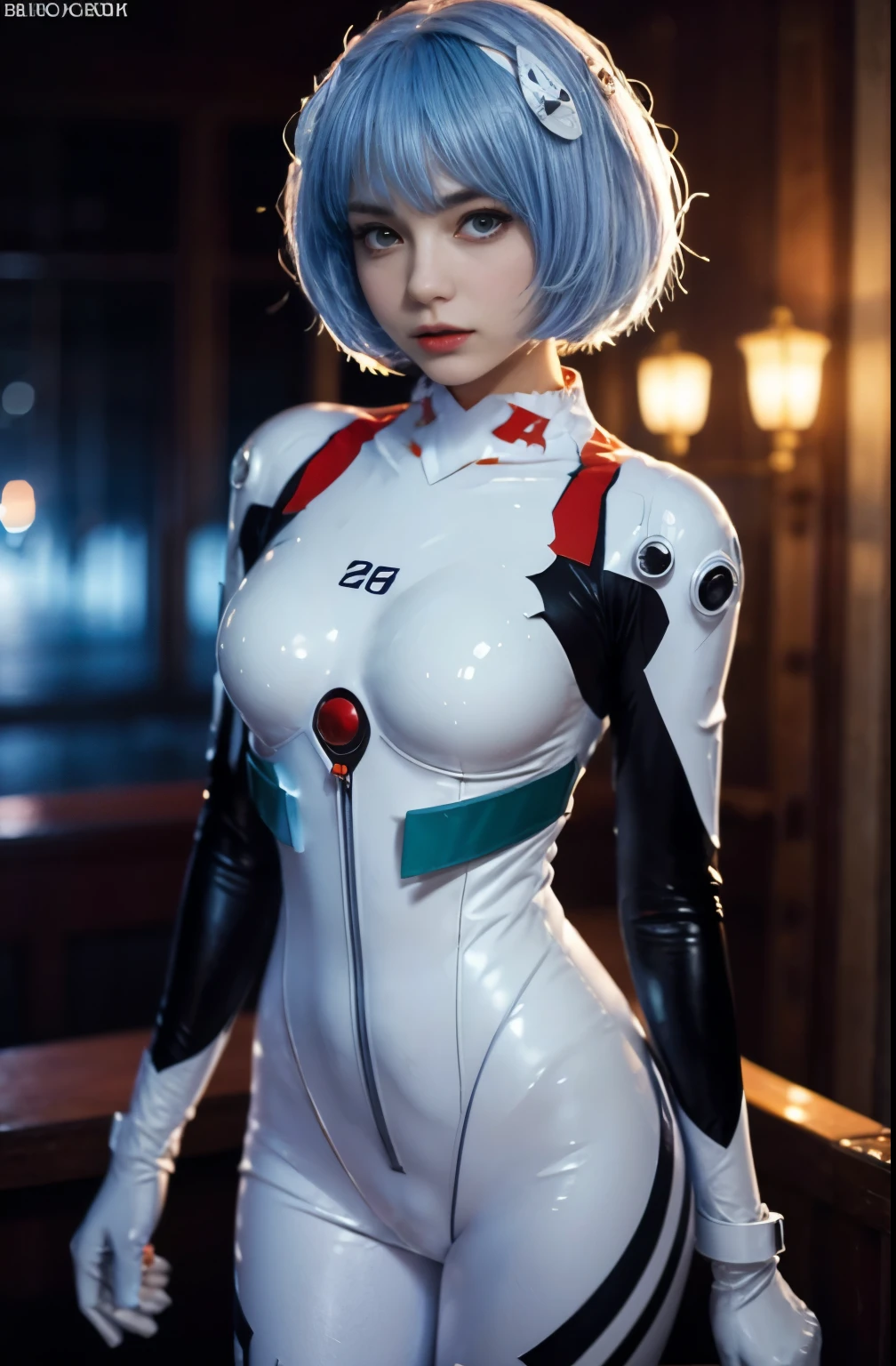 (best quality, masterpiece, colorful, dynamic angle, highest detailed)(\Rei Ayanami\), upper body photo, fashion photography of cute girl (\Rei Ayanami\), red eyes, dressing high detailed Evangelion white suit (high resolution textures), in dynamic pose, bokeh, (intricate details, hyperdetailed:1.15), detailed, moonlight passing through hair, (fantasy colors background, official art, extreme detailed, highest detailed), HDR+