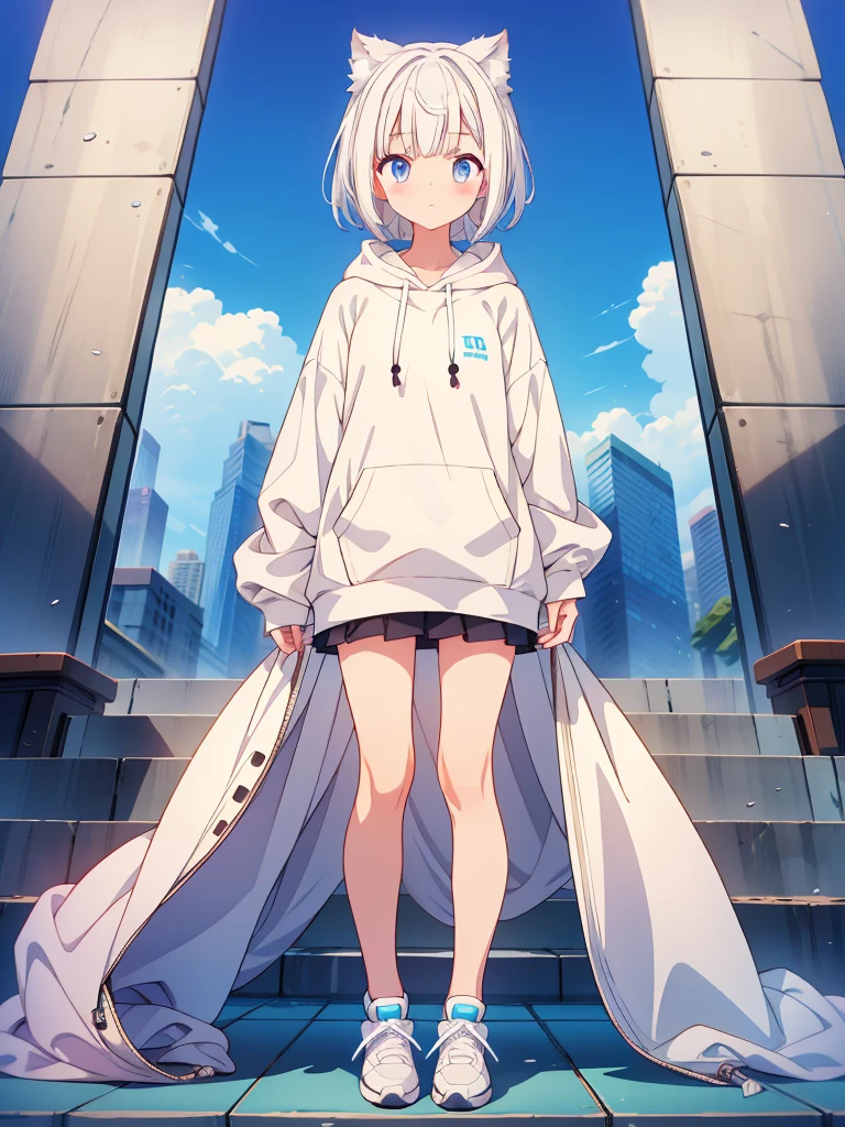 1girl、A loose tracksuit-style long hoodie、Rib knit cuffs and hem、vtuber-fullbody、Milky white short hair、