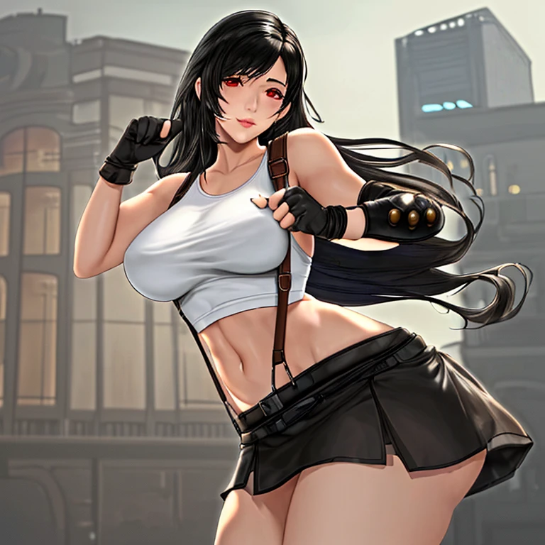 ((ultra quality)), ((Masterpiece)), Tifa Lockhart, Final Fantasy, ((black hair)), (Beautiful face), (beautiful female lips), (), charming, ((Innocent expression)), looking at the camera smiling softly, eyes closed a little, (Skin color white), (White skin), glare on the body, ((detailed beautiful female eyes)), ((Red eyes)), (juicy female lips), (), (beautiful female hands), ((Ideal female figure)), Ideal female body, beautiful waist, beautiful hips, Large breasts, ((subtle and beautiful)), stands temptingly (), (dressed in Tifa Lockhart's clothes, white top with suspenders with long gloves,, black skirt, gray stockings) background: on a tall building, ((depth of field)), ((high quality clear image)), (clear details), ((High detail)), realistically, professional photo session, ((Clear Focus)), bare midriff