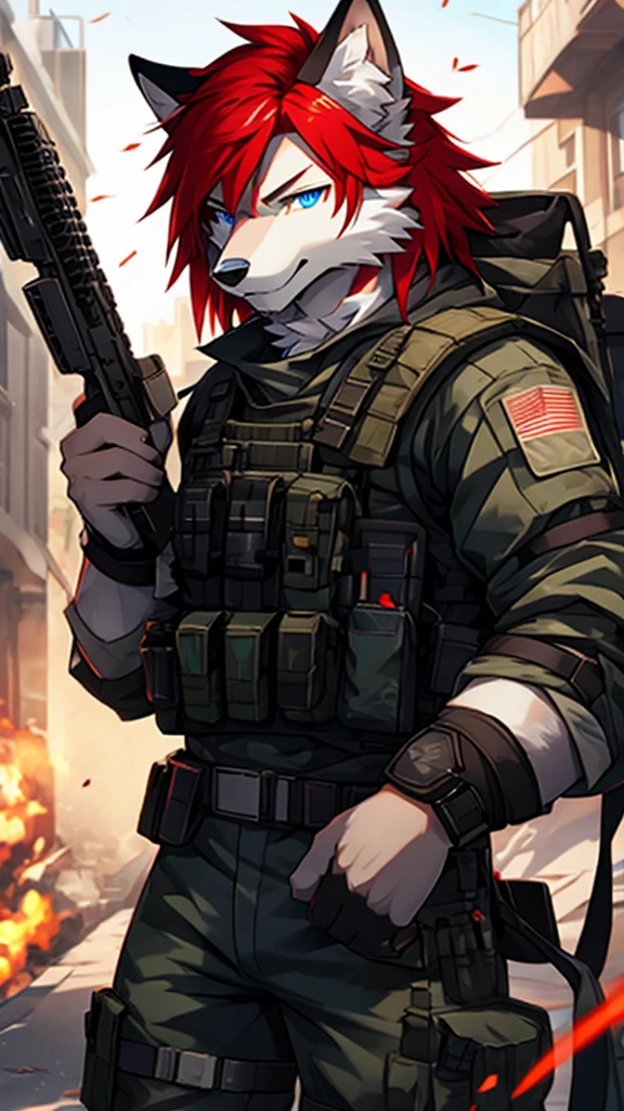 modern warfare、white wolf、furry,   red hair,   blue eyes,   white fur