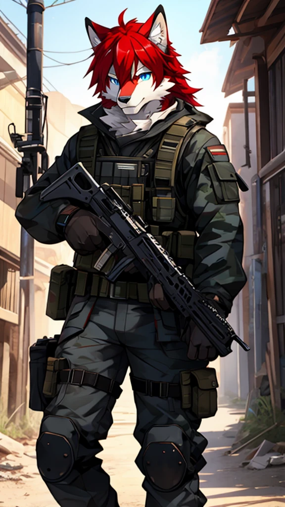 modern warfare、white wolf、furry, red hair, blue eyes, white fur