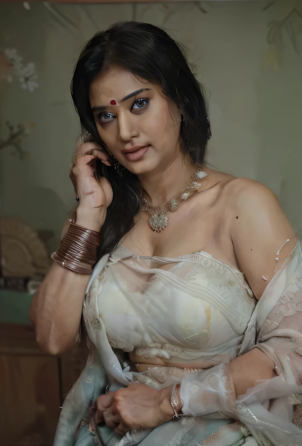 50yo mature MILF Anushka Shetty,((best quality)), ((masterpiece)), ((realistic)), Medusa, Vishkanya , sundari, Apsara, Mohini, Kamini, Kalaripayattu woman, Hindu mythology, goddess of beauty and war, full body, beautiful flowers styled in the hair , green eyes, female face,metal carved top, royal aura, trend on artstation , sharp focus, studio photo, intricate detail, very detailed, detailed eye, illustration, very detailed, sharp focus, digital render, professional, 4k, low waist saree satin sleeveless saree fashion,, she hates wearing any bra or blouse, thick figure, bulky figure, thick belly, kerala style draping, traditional Indian wearing, 