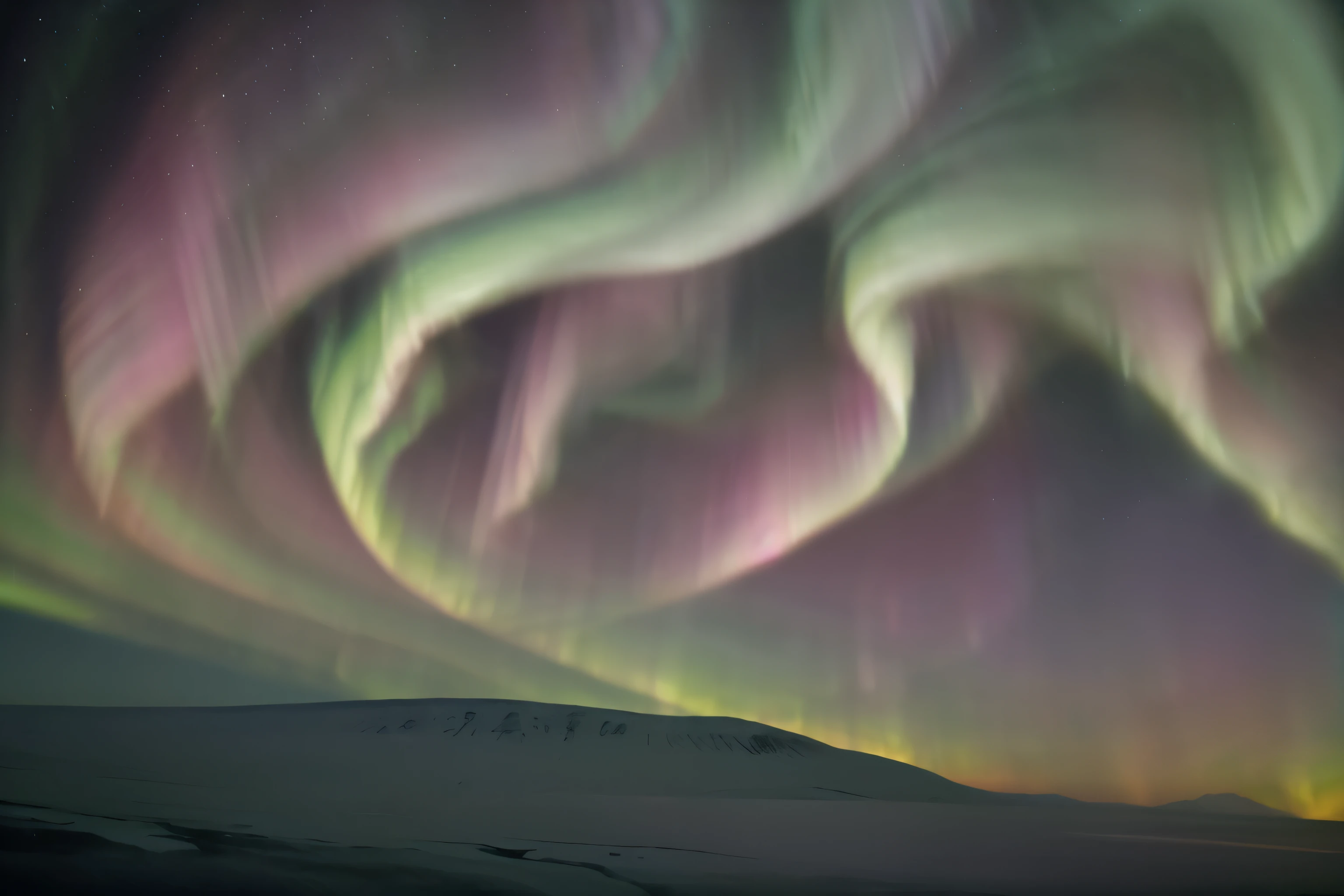 A dazzling aurora dances across the night sky, casting wisps of green, pink, and purple light. The swirls of color create a mesmerizing display that seems almost magical. This breathtaking image, most likely a photograph, captures the vibrant energy of the Northern or Southern Lights in stunning detail. The vivid hues blend seamlessly, creating a vivid and striking visual spectacle. Viewers will be drawn in by the enchanting beauty of this high-quality image, feeling as if they are witnessing the auroras in person.