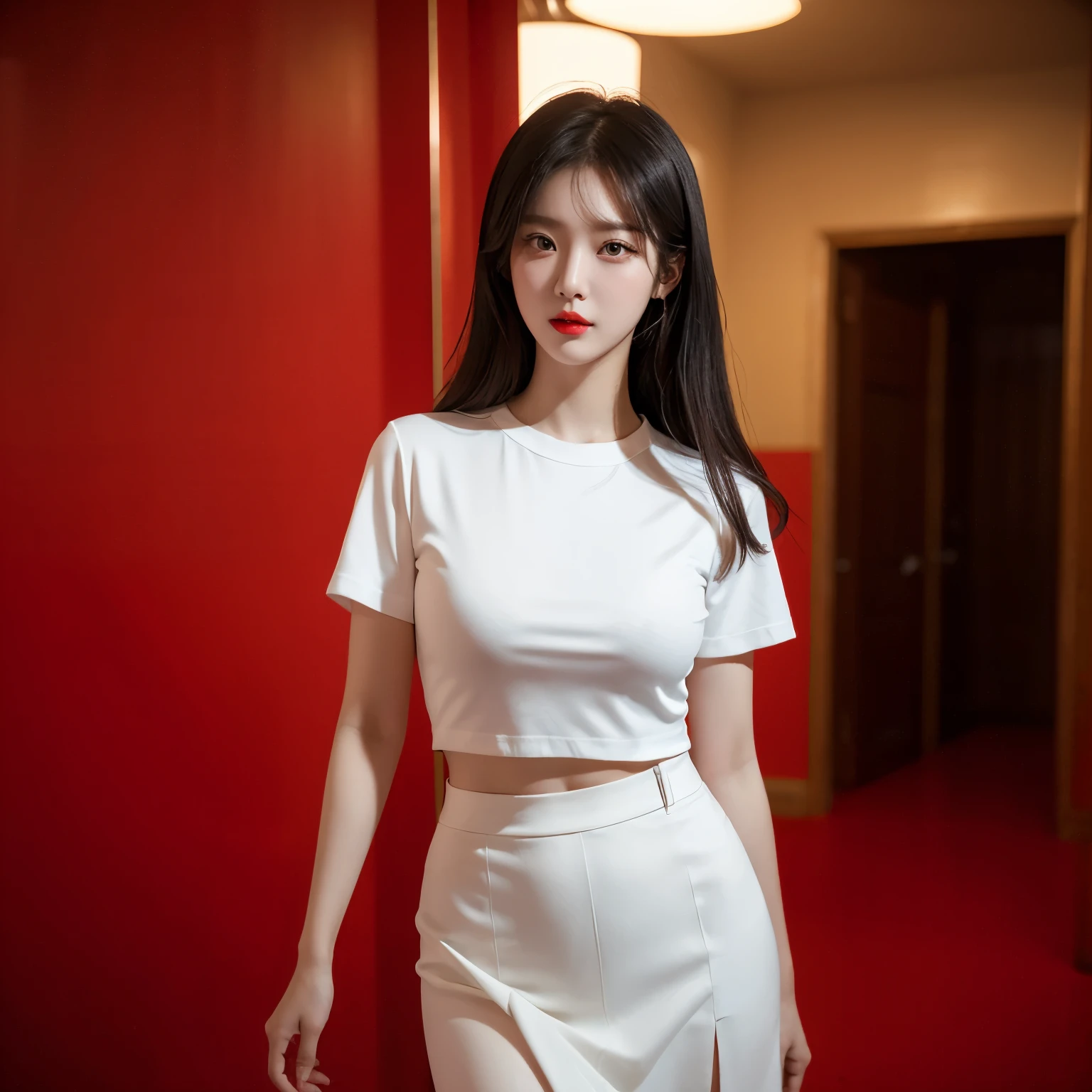 masterpiece，Ultra-clear，Award-winning works，White short sleeve，Black hip skirt，A Korean beautiful girl，red phoenix eye，Oval face，high nose，red lips，Full and proud breasts，indoor