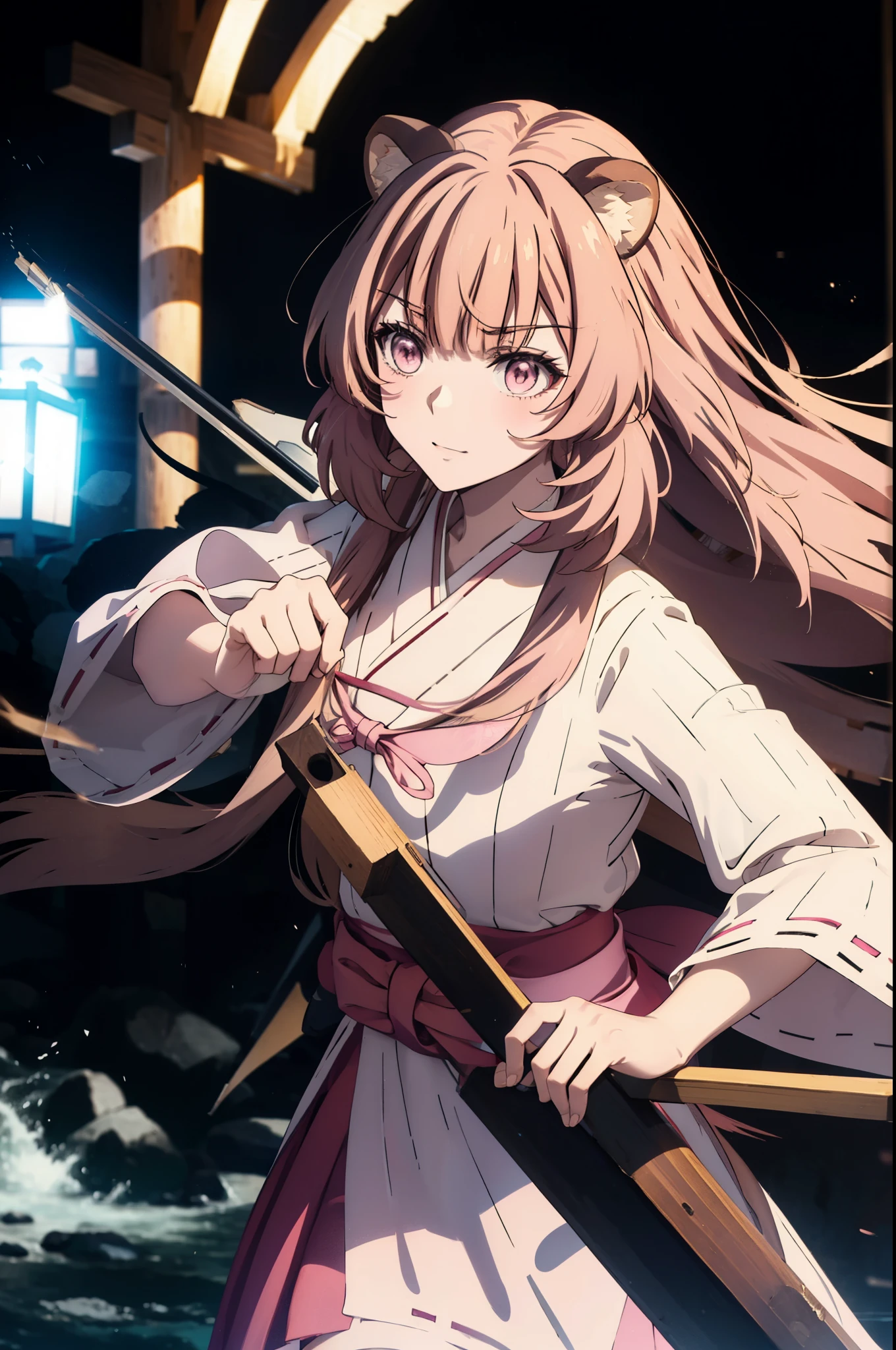 Raphtalia, Raphtalia, Long Hair, bangs, brown hair, Animal ears, Raccoon Ears, Raccoon Tail, Raccoon Girl, (Pink Eyes:1.3), happy smile, smile, Open your mouth,Platycodon grandiflorum,Miko, White Kimono,Red Hakama Kimono, As with the skirt, Wide sleeves, Long sleeve, Thick sleeves,Ribbon-trimmed sleeves, Daytime,Clear skies,
とてもLong Hair, 鈍いbangs, Low ponytail, 
break outdoors, shrine,torii,
break looking at viewer, (Cowboy Shot:1.5),
break (masterpiece:1.2), highest quality, High resolution, unity 8k wallpaper, (figure:0.8), (Beautiful fine details:1.6), Highly detailed face, Perfect lighting, Highly detailed CG, (Perfect hands, Perfect Anatomy),