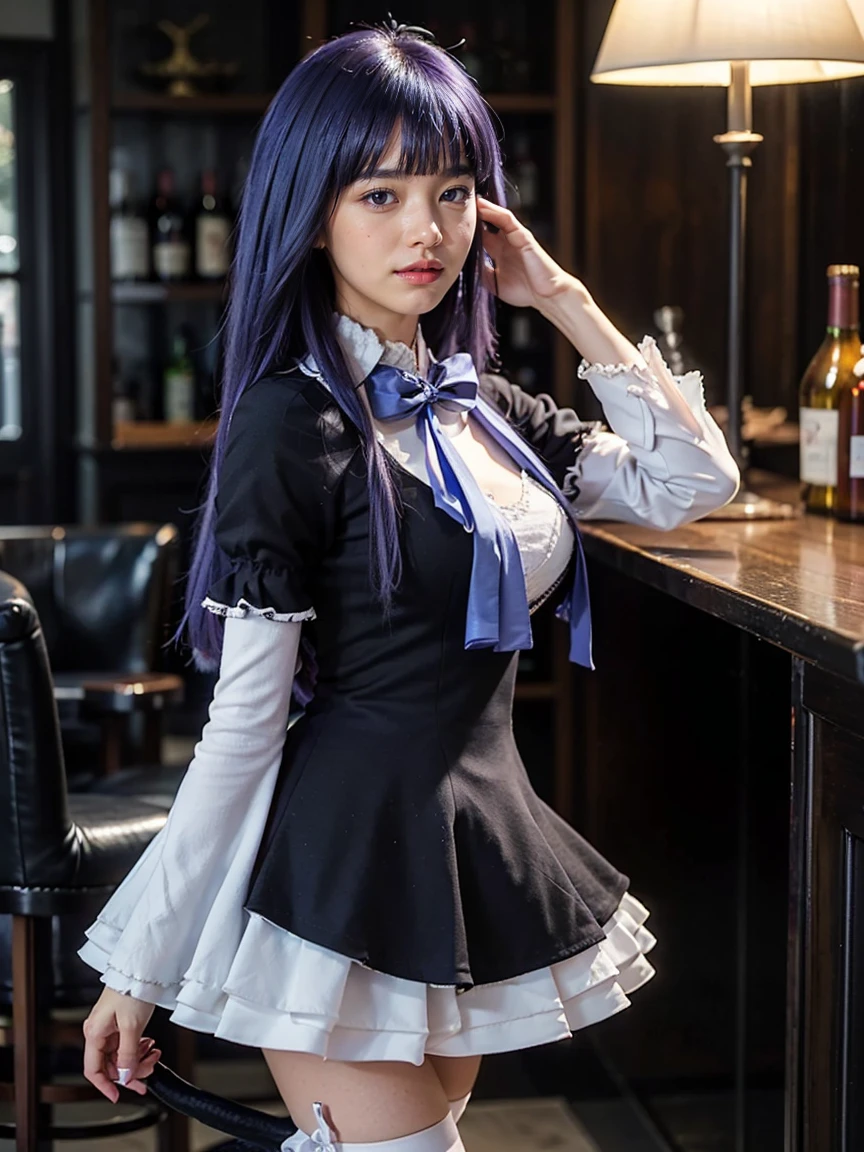 (1 lady), (Best quality at best:1.4), (ultra - detailed), (extremely detailed CG unified 16k), A Beautiful Woman with Perfect Figure: 1.4, Sharp Focus: 1.2, purple hair, very detailed, High-definition RAW color photo, professional photoshooting, amazing face and eyes, cosmetics, (amazingly beautiful girl), ((frederica bernkastel)), ((dress, bowtie, mary janes, socks, cat tail, tail bow, tail ornament)), standing, sexyposture,(Dark and stylish bar, drinks, lamp lights, lamp lights:1.3), (look from down), realistic cinematic face, head to feet long wide zoomed out view, full body long view, photorealistic, ((realistic natural purple hair style, purple eyes)), gorgeous, extremely beautiful face, perfect model beauty, pout mouth, Highly Detailed Face and Skin Texture, Detailed Eyes, Double Eyelids, Big Breasts, Smile, flirting smile, cleavages, western, (masterpiece), best quality, high resolution, extremely detailed, blurred background, depth of field, cinematic lighting, amazing legs, high heels, clear and well-cared skin,