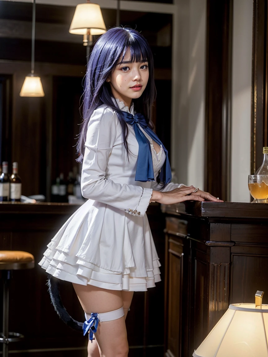 (1 lady), The beautiful, (Best quality at best:1.4), (ultra - detailed), (extremely detailed CG unified 16k), blue hair, very detailed, High-definition RAW color photo, professional photoshooting, amazing face and eyes, cosmetics, (amazingly beautiful girl), ((frederica bernkastel, big woman, taller, perfect body)), ((dress, tail bow, purple hair, bowtie, cat tail, socks)), standing, sexyposture,(Dark and stylish bar, drinks, lamp lights, lamp lights:1.3), (look from down), realistic cinematic face, realistic purple eyes, solid pupils, head to feet long wide zoomed out view, full body long view , photorealistic, ((realistic deep blue hair style, honey eyes)), gorgeous, extremely beautiful face, perfect model beauty, pout mouth, flirting smile, cleavages, (masterpiece), best quality, high resolution, extremely detailed, blurred background, depth of field, cinematic lighting, amazing legs, high heels, clear and well-cared skin