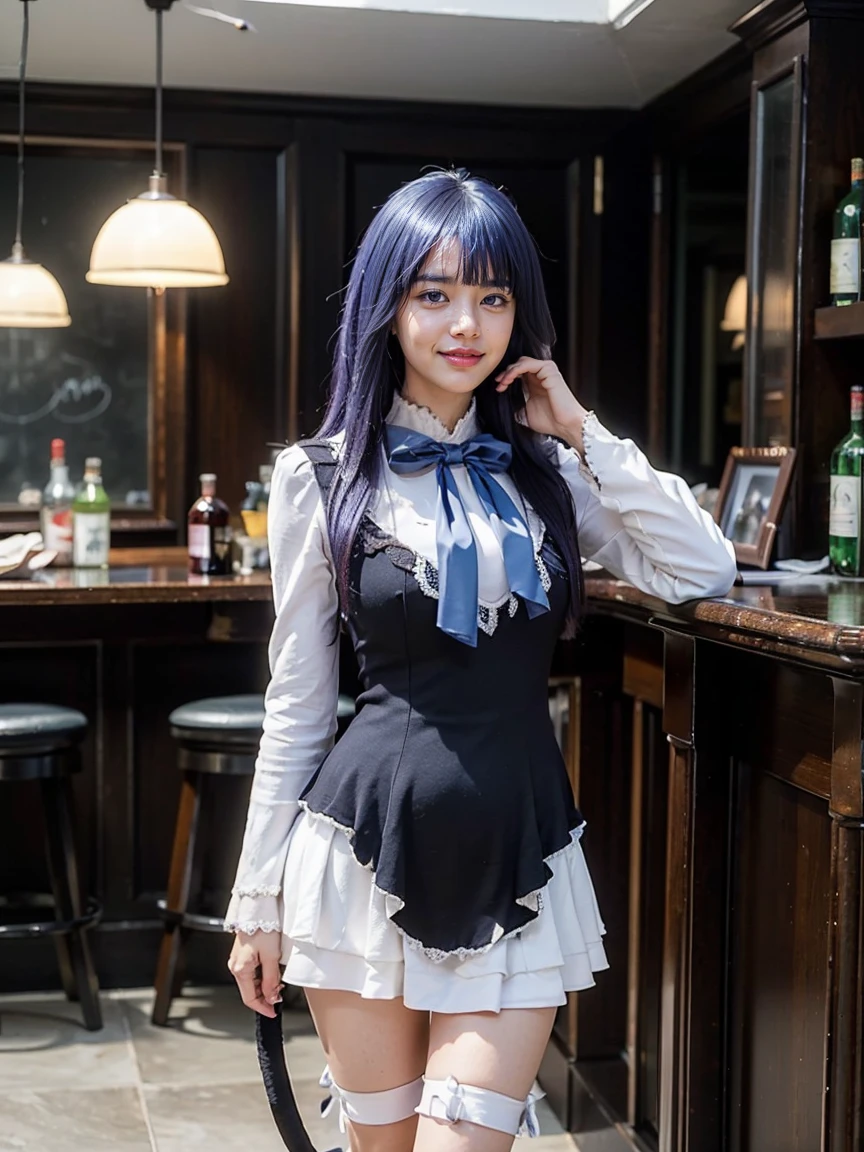 (1 lady), (Best quality at best:1.4), (ultra - detailed), (extremely detailed CG unified 16k), A Beautiful Woman with Perfect Figure: 1.4, Sharp Focus: 1.2, purple hair, very detailed, High-definition RAW color photo, professional photoshooting, amazing face and eyes, cosmetics, (amazingly beautiful girl), ((frederica bernkastel)), ((dress, bowtie, mary janes, socks, cat tail, tail bow, tail ornament)), standing, sexyposture，(Dark and stylish bar, drinks, lamp lights, lamp lights:1.3), (look from down), realistic cinematic face, head to feet long wide zoomed out view, full body long view, photorealistic, ((realistic natural purple hair style, purple eyes)), gorgeous, extremely beautiful face, perfect model beauty, pout mouth, Highly Detailed Face and Skin Texture, Detailed Eyes, Double Eyelids, Big Breasts, Smile, flirting smile, cleavages, western, (masterpiece), best quality, high resolution, extremely detailed, blurred background, depth of field, cinematic lighting, amazing legs, high heels, clear and well-cared skin,