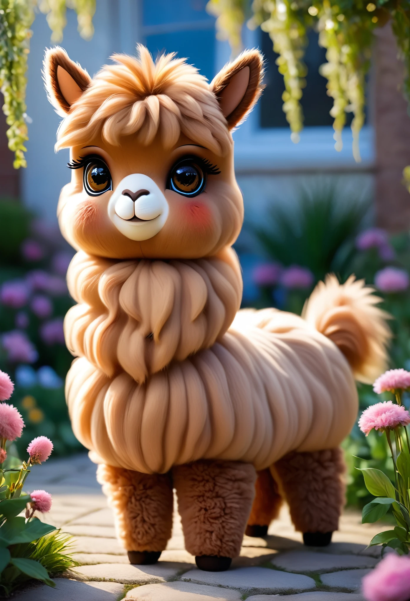 (a brown alpaca, alpaca plush toy, elderly alpaca, anthropomorphized alpaca, fluffy, big eyes,best quality,ultra-detailed,photorealistic), soft texture, cozy atmosphere, peaceful garden backdrop, vibrant colors, warm lighting