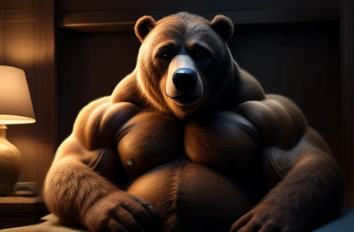 A muscular and hairy male bear is depicted in a solo and captivating scene, sitting alone in a bright yet soft-lit bedroom. His large, expressive eyes, full of complex emotions, are fixed directly on the viewer, creating an intimate and engaging connection. The bear's nocturnal nature is accentuated by the dim surroundings, as his big belly contrasts with the definition in his muscles. His detailed body is covered in brown fur, and a proud, happy mood radiates from him as he reaches down to touch himself intimately with a sense of realism and highest quality detail. The bear's large penis stands prominent, adding to the realistic and dramatic depiction of this intimate moment. This master