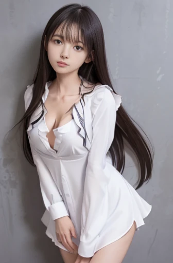 (((masterpiece))), (((best quality))), ((ultra-detailed)), (highly detailed CG illustration), (masterpiece:1.5), Detailed Photo, innocent shy, (Best Quality: 1.4), (1girl), Beautiful Face, (Black Hair, long Hair: 1.3), Beautiful Hairstyle, beautiful detail eyes, (realistic skin), beautiful skin, absurd, attractive, ultra high resolution, high definition, shy pose, full body view,Beautiful , white background, pink soft white light, pink pajama, busty breast,see through nipple, nipple out,(hair over one eye:1.4), Messy hair,hair between eyes,pubic hair pussy, dense pubic Hairy pussy .