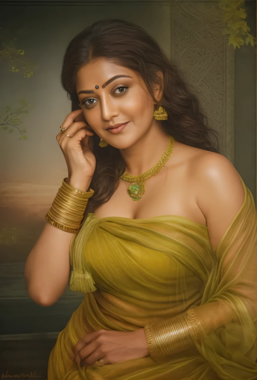 50yo mature MILF Anushka Shetty,((best quality)), ((masterpiece)), ((realistic)), Medusa, Vishkanya , sundari, Apsara, Mohini, Kamini, Kalaripayattu woman, Hindu mythology, goddess of beauty and war, full body, beautiful flowers styled in the hair , green eyes, female face,metal carved top, royal aura, trend on artstation , sharp focus, studio photo, intricate detail, very detailed, detailed eye, illustration, very detailed, sharp focus, digital render, professional, 4k, low waist saree satin sleeveless saree fashion,, she hates wearing any bra or blouse, thick figure, bulky figure, thick belly, kerala style draping, traditional Indian wearing, 