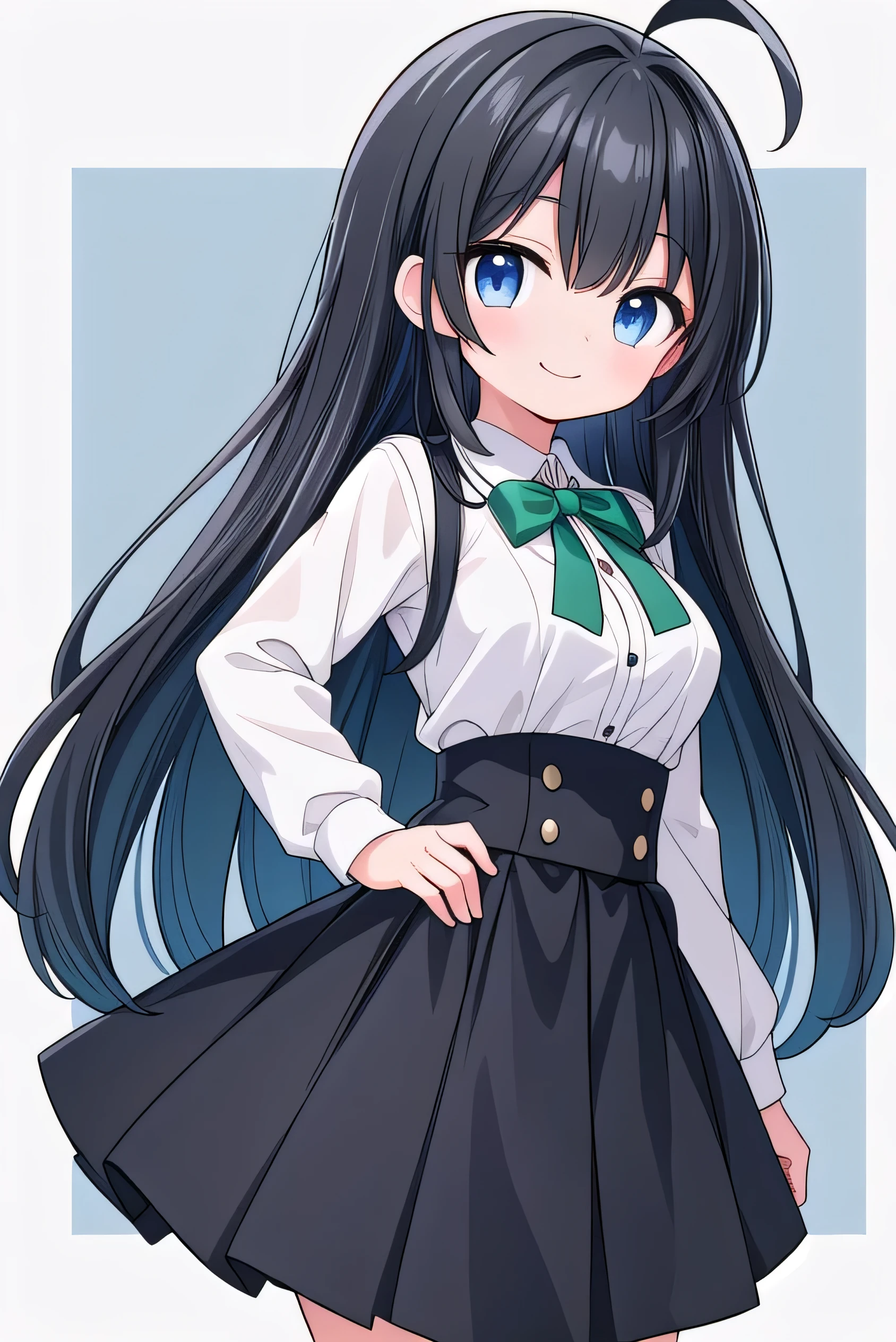 Junior high school student who looks like an elementary school student, , very short, 140cm tall, black hair with a slight green tinge, short ahoge, beautiful long hair but with a little hair sticking out, beautiful round eyes, blue eyes, smile, boyish, long sleeves , thick clothes, skirt, big breasts, hair longer than waist, long hair, young face, dark greenish black hair, gentle smile, a little shy, skirt is black, hair is black but has a slight green tinge, boyish and gentle smile I have.