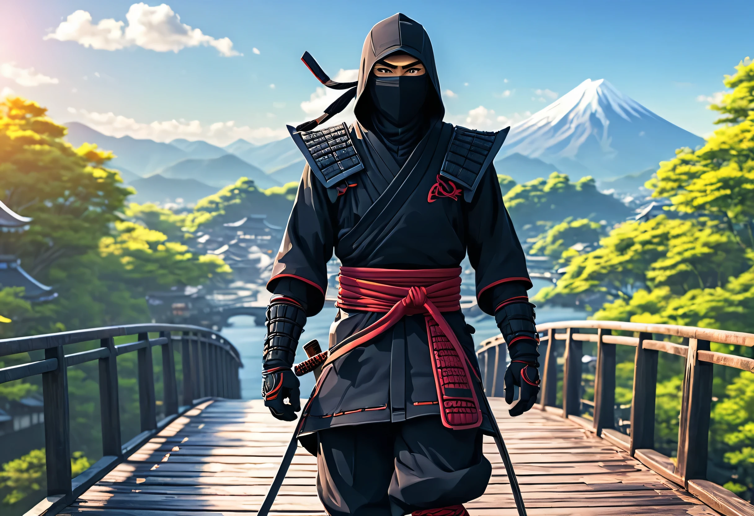 A picture of a man in a ninja outfit on a bridge, 4K Detailed Digital Art, 4K Detailed Art, Highly detailed digital art in 4K, Beautiful art UHD 4K, Amazing artwork in 8K, anime art wallpaper 8k, anime art wallpaper 4k, anime art wallpaper 4k, 8k high quality detailed art, wallpaper 4k, wallpaper 4k