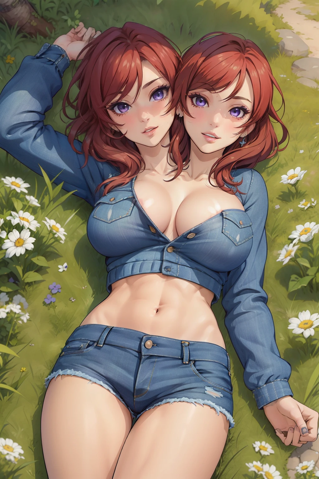 (Masterpiece, Best Quality, High Quality:1.4), professional artwork, well drawn, Intricate Details, field of view, pov, from above 
Nishikino maki, race background, afternoon, 
Red hair, lipstick, makeup, ultra detail hair, ultra detail face, perfect eyes, perfect face, earring, purple eyes, big breasts,Looking at Viewer, flirting, on ground , laying, on back, arms up ,sexy, nipple ,
Tight short denim shorts, crop jacket, sweater. (two heads)