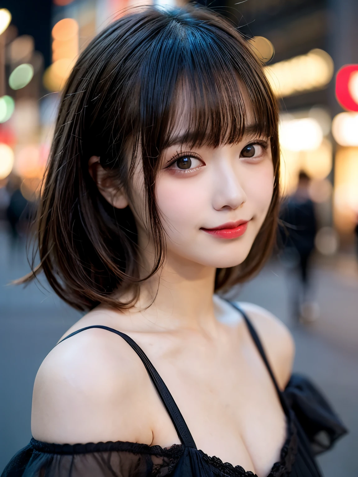Tabletop, highest quality, shape, Very detailed, finely, High resolution, 8k wallpaper, 完璧なダイナミックな構shape, finelyて美しい目, Wearing a black dress,Medium Hair,Natural color lip, smile,Harajuku、Teenage Girl、cute、Looking at the camera、C Cup、brown hair、Blurred night new york background