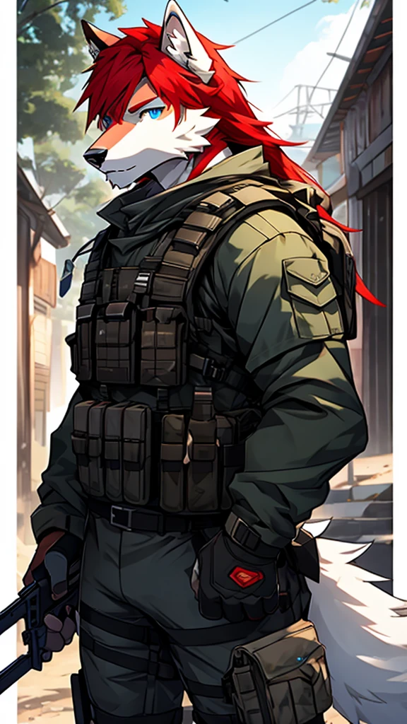 (Best picture quality),modern warfare、white wolf、furry, red hair, blue eyes, white fur