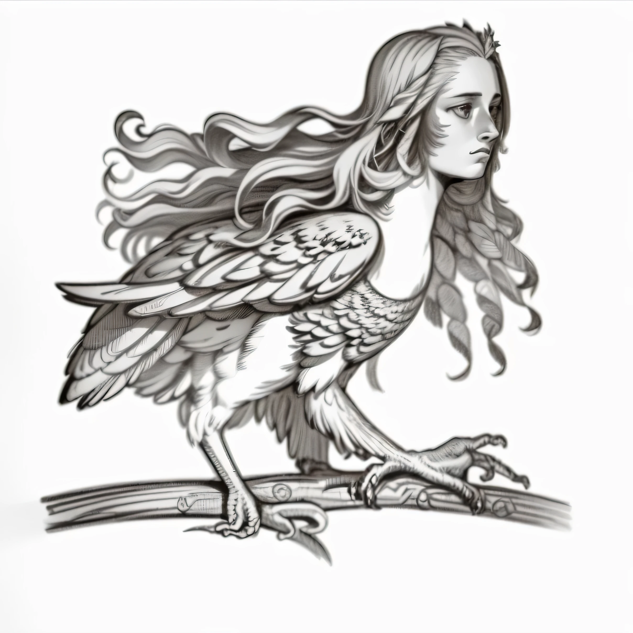 a drawing of a bird with long hair sitting on a branch, anthropomorphic bird, harpy woman, feathered head, young harpy-girl, lithoraph engraving, harpy, she has the head of a phoenix, a surrealistic bird, humanoid feathered head, a mythical creature, feathered hair, inspired by Aldus Manutius