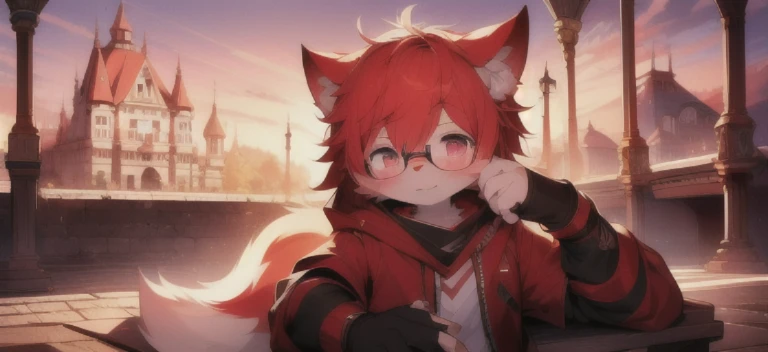 Furry wolf,wear glasses,Red hair all over the body,red short hair,The eyes are gray,White belly,The tip of the tail is white,Meatballs Pink,sit on the floor,Covered in hair,((Shota)), Red hair, Good shape, Lovely, Light:极端的Light与影, 反Light皮肤, ((wear black socks)), ((Wear black fingerless gloves))",((pink sunset)),((Light粒子)),Outdoor nights,月Light,Star,trend,Majestic castle