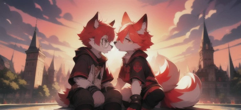 Furry wolf,wear glasses,Red hair all over the body,red short hair,The eyes are gray,White belly,The tip of the tail is white,Meatballs Pink,sit on the floor,Covered in hair,((Shota)), Red hair, Good shape, Lovely, Light:极端的Light与影, 反Light皮肤, ((wear black socks)), ((Wear black fingerless gloves))",((pink sunset)),((Light粒子)),Outdoor nights,月Light,Star,trend,Majestic castle