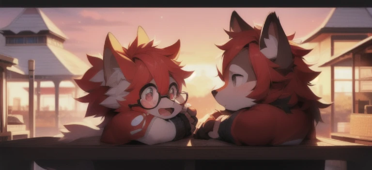 Furry wolf，wear glasses,Red hair all over the body,red short hair,The eyes are gray，White belly，The tip of the tail is white，Meatballs Pink，sit on the floor，Covered in hair，((Shota)), Red hair, Good shape, Lovely, Light：极端的Light与影, 反Light皮肤， ((wear black socks)), ((Wear black fingerless gloves))"，((pink sunset))，((Light粒子))，Outdoor nights，月Light，Star，trend，Majestic castle