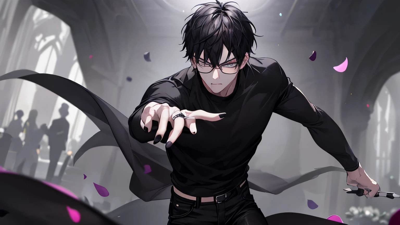 1 guy, black jeans, black shirt, press, Thin, pale, rings on fingers, black nails, Glasses, black hair, a little sporty, Glass eyes, anger, anger, cinematic lighting, Blur background, Best quality, Tiara on the head, broad sword in the ground, purple saura petals fly on the background, beautiful garden in the background,