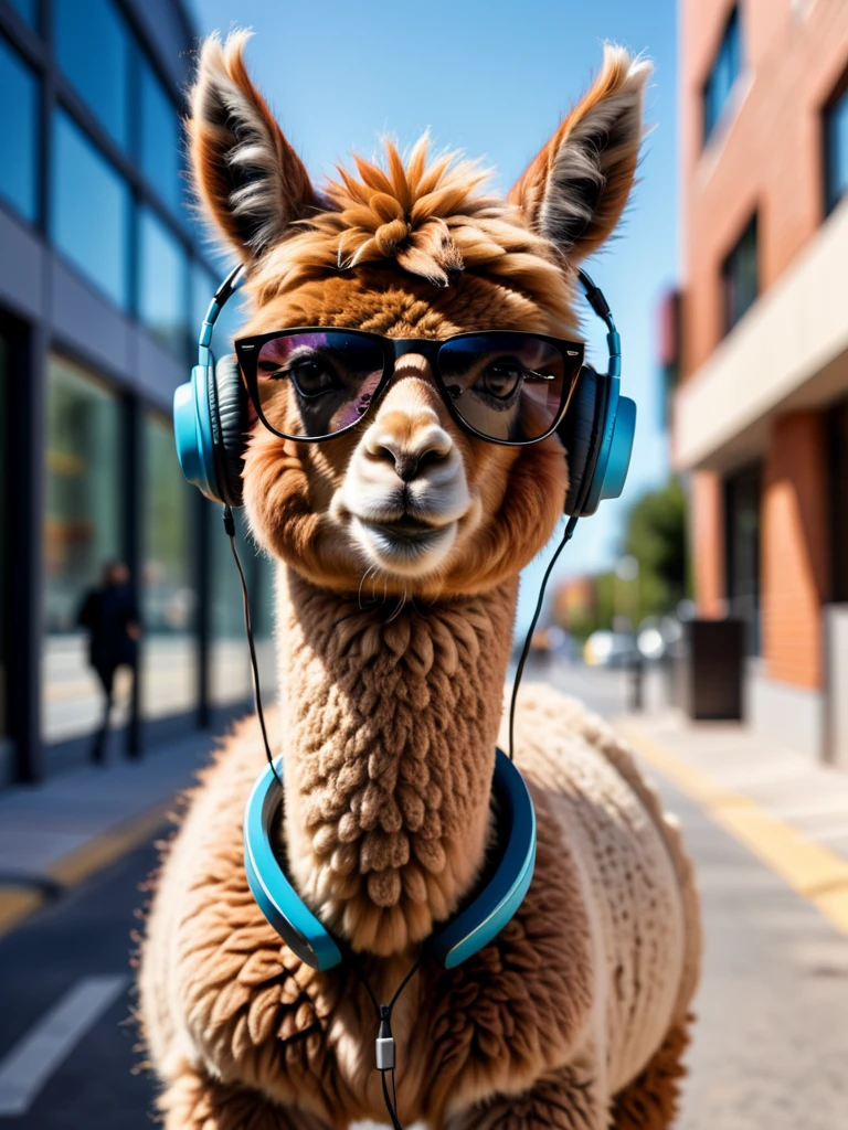 realistic photo, anamorphic alpaca, wearing headphones and sunglasses, going to work, raw photo, shallow depth of field, Immersive background