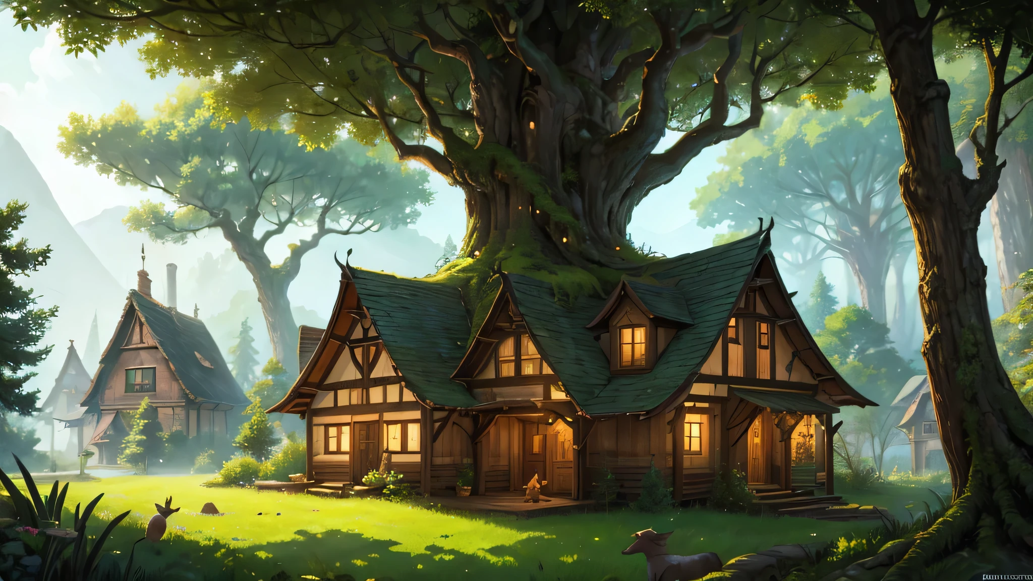 serene forest scene with wooden elves' houses nestled among lush, shady trees and twisting tree roots, captured in a detailed, whimsical illustration reminiscent of classic fairy tales