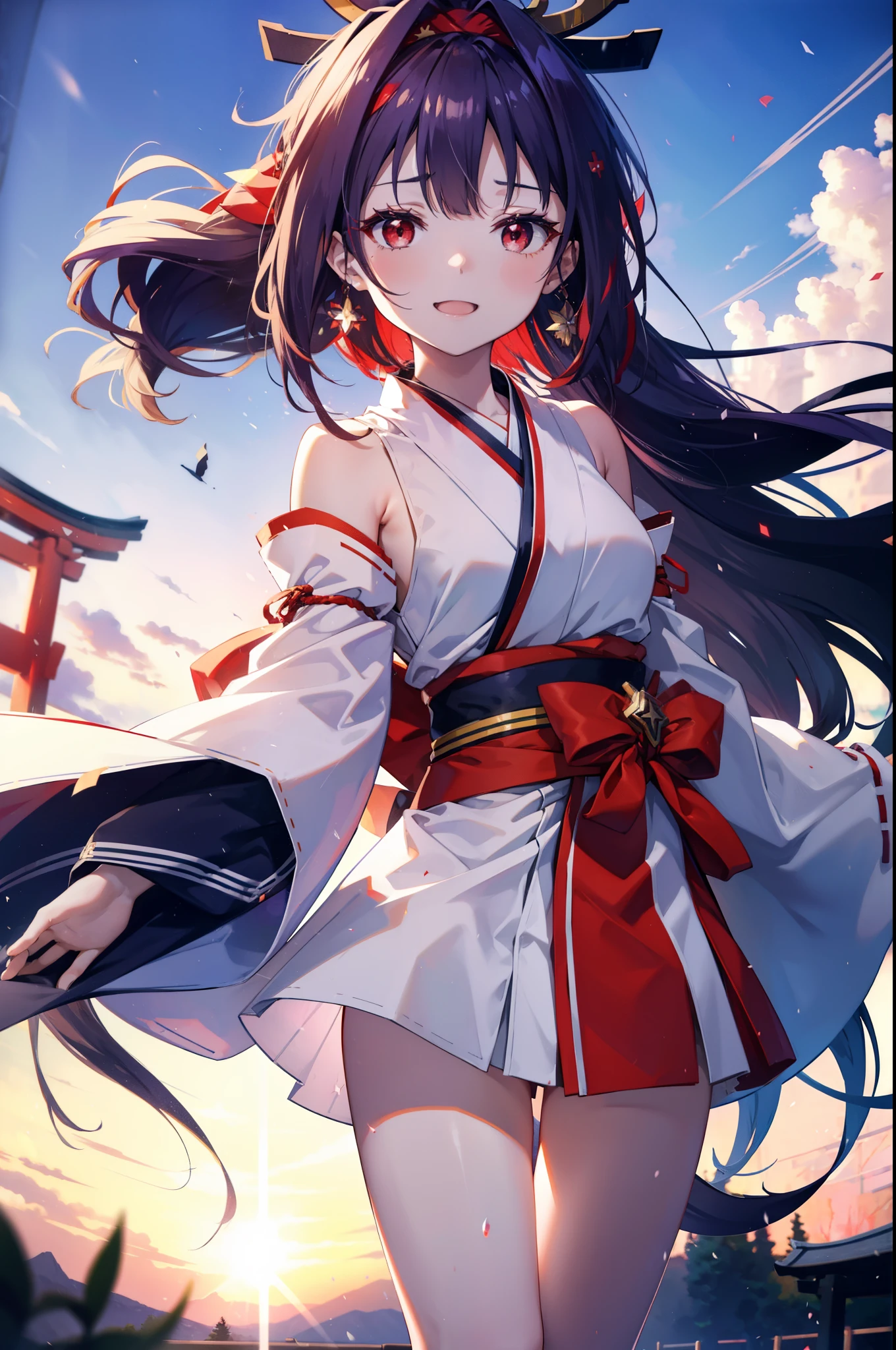 yuukikonno, Konno Yuuki, hair band, Long Hair, Pointed Ears, Purple Hair, (Red eyes:1.5), (Small breasts:1.2), Open your mouth,
happy smile, smile, Open your mouth,Platycodon grandiflorum,Miko, White Kimono,Red Hakama Kimono, As with the skirt, Wide sleeves, Long sleeve, Thick sleeves,Ribbon-trimmed sleeves, Daytime,Clear skies, とてもLong Hair, Blunt bangs, Low ponytail, break outdoors, shrine,torii, break looking at viewer, (Cowboy Shot:1.5), break (masterpiece:1.2), highest quality, High resolution, unity 8k wallpaper, (figure:0.8), (Beautiful fine details:1.6), Highly detailed face, Perfect lighting, Highly detailed CG, (Perfect hands, Perfect Anatomy),