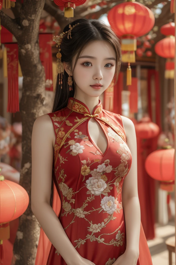 Arafed woman in a red dress standing in front of a tree, cheongsam, vestido chino, vistiendo un cheongsam rojo, Estilo chino, encaje rojo, traje chino, preciosa modelo china, Festival de fantasmas hambrientos, con ropa china antigua, mujer china, shaxi, Chinese girl, hermosa dama, chino tradicional, chino tradicional clothing, big breasts