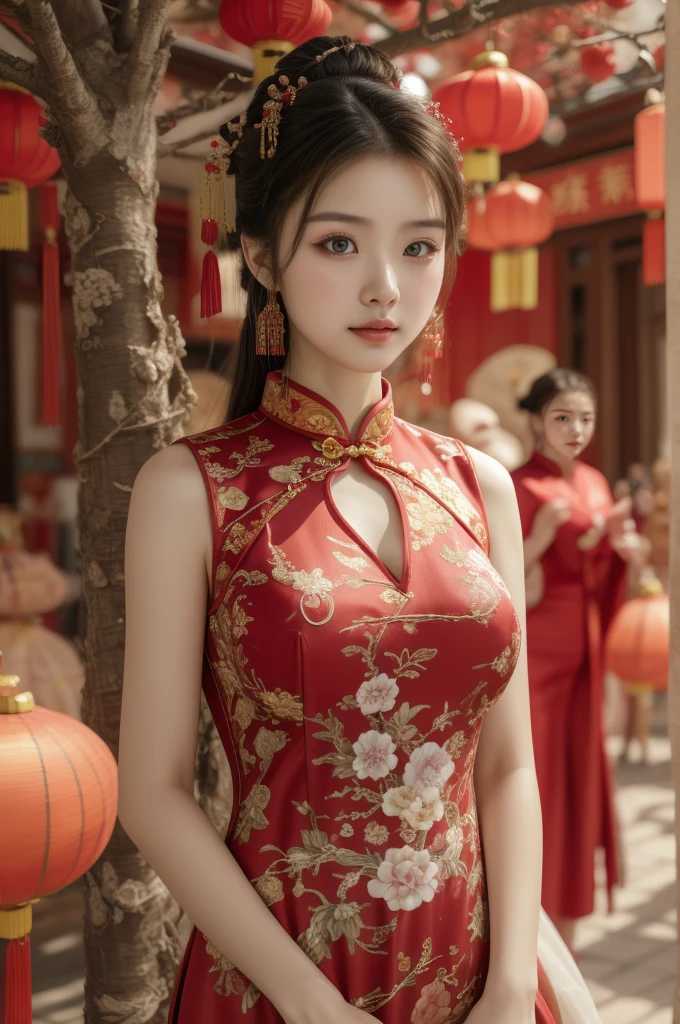 Arafed woman in a red dress standing in front of a tree, cheongsam, vestido chino, vistiendo un cheongsam rojo, Estilo chino, encaje rojo, traje chino, preciosa modelo china, Festival de fantasmas hambrientos, con ropa china antigua, mujer china, shaxi, Chinese girl, hermosa dama, chino tradicional, chino tradicional clothing, big breasts