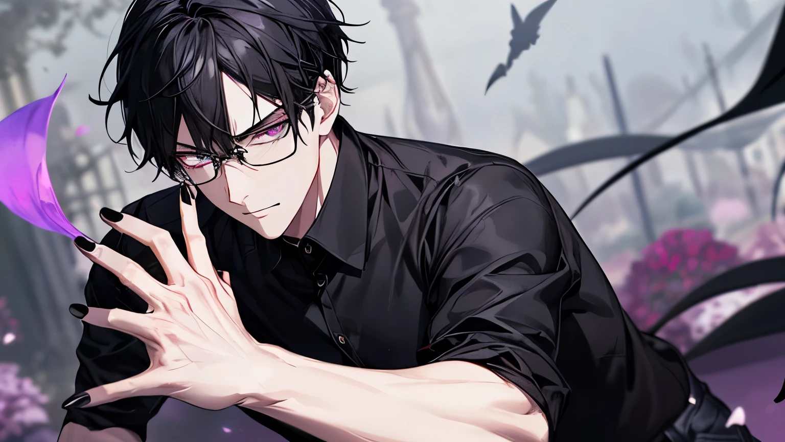 1 guy, black jeans, black shirt, press, Thin, pale, rings on fingers, black nails, Glasses, black hair, a little sporty, Glass eyes, anger, anger, cinematic lighting, Blur background, Best quality, Tiara on the head, broad sword in the ground, purple saura petals fly on the background, beautiful garden in the background,