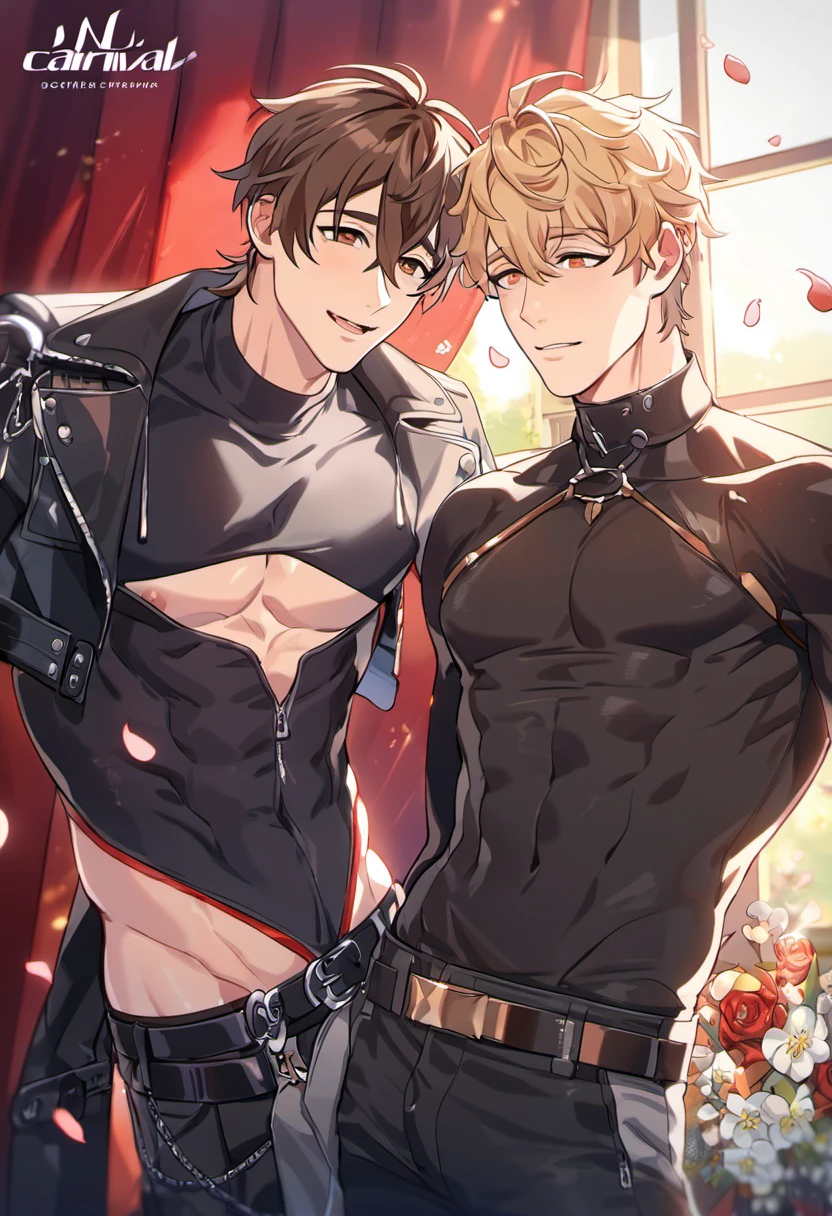 absurdres, highres, ultra detailed, HDR, master piece, best quality, Quincy, blond messy short hair, expressive orange eyes, Nu Carnival, Eiden, brown hair, expressive brown eyes, 2men together, sexy gay couple, handsome, small tight black leather shirt, black leather coat, belt around his chest, showing the abdomen, window, red curtains, petals, flowers
