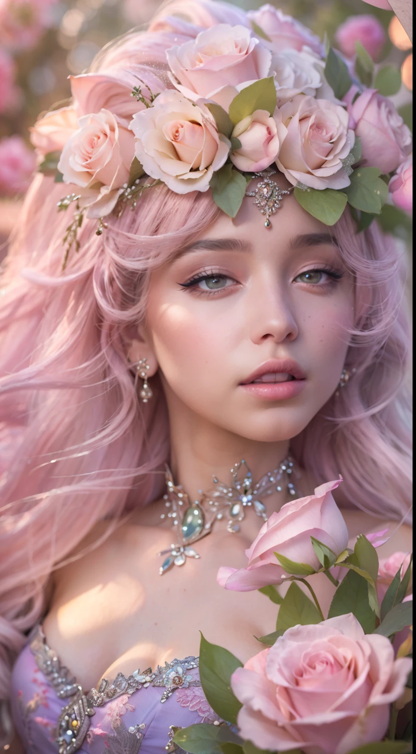 Create a realistic fantasy scene featuring a proud woman in an enchanted pastel garden. She wears a French silk ballgown adorned with ruffles and bows. Her face, highly detailed with soft lips, shines with intricate features and stunning eyes. Surround her with eternal roses in shimmering shades. Add whimsical details like stars, bubbles, and glitter for an enchanting touch. Ensure perfection in her face, hair, and eyes. Incorporate elements of high fantasy, whimsy, and detailed elegance. Photorealistic, 8k, vivid colors