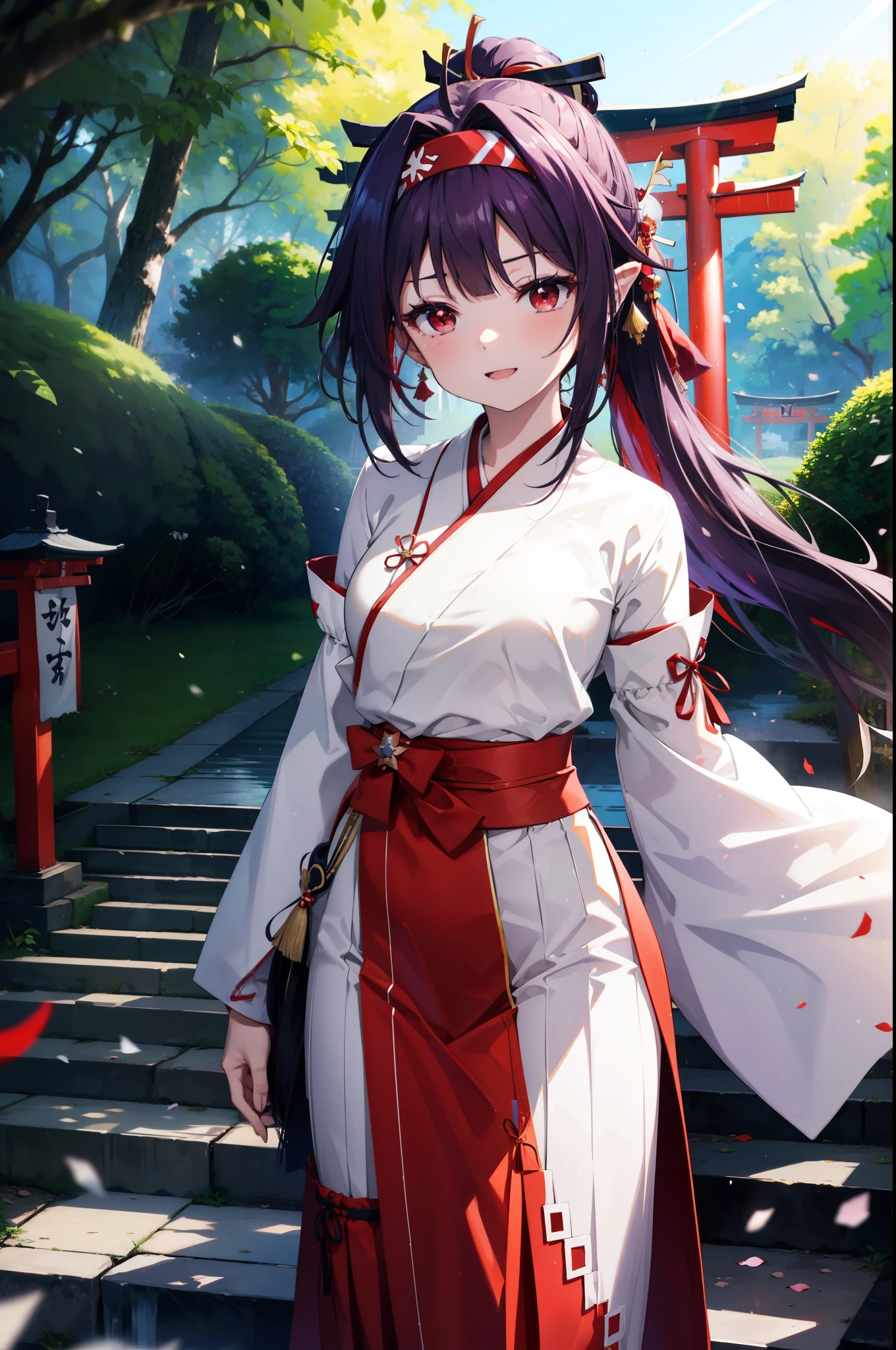 yuukikonno, Konno Yuuki, hair band, Long Hair, Pointed Ears, Purple Hair, (Red eyes:1.5), (Small breasts:1.2), Open your mouth,
happy smile, smile, Open your mouth,Platycodon grandiflorum,Miko, White Kimono,Red Hakama Kimono, As with the skirt, Wide sleeves, Long sleeve, Thick sleeves,Ribbon-trimmed sleeves, Daytime,Clear skies, とてもLong Hair, Blunt bangs, Low ponytail, break outdoors, shrine,torii, break looking at viewer, (Cowboy Shot:1.5), break (masterpiece:1.2), highest quality, High resolution, unity 8k wallpaper, (figure:0.8), (Beautiful fine details:1.6), Highly detailed face, Perfect lighting, Highly detailed CG, (Perfect hands, Perfect Anatomy),