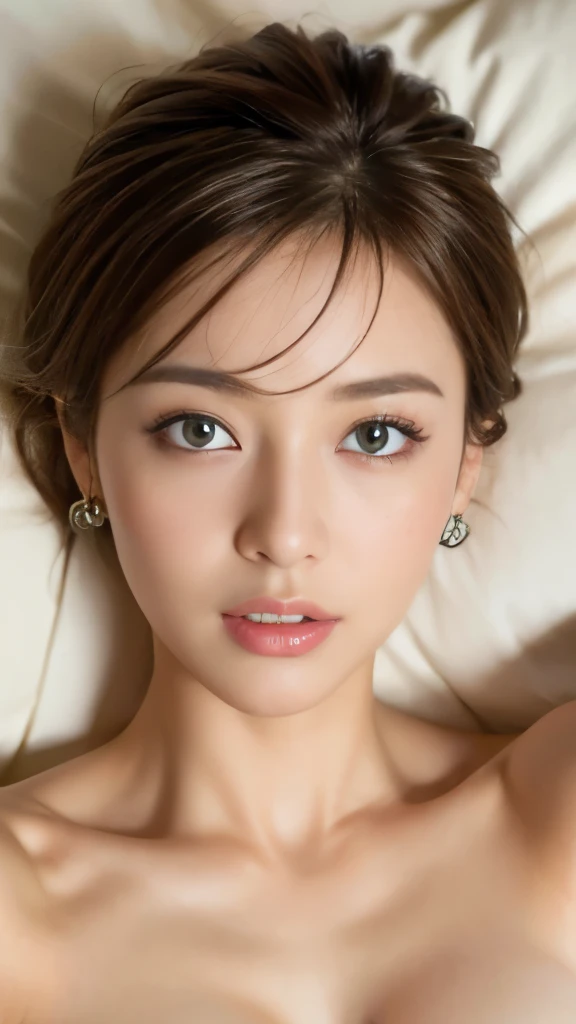 ((best quality, 8k, masterpiece: 1.3)), 1 girl, Slim Abs Beauty: 1.3, ( Casual and cute hairstyle: 1.2), : 1.1, Charming face expression of enjoyment and desire, Detailed eyes, double eyelids, With earrings, bedroom, Concert makeup, ((Medium breasts nude, cute breasts)), (Lying in bed), (The portrait was taken from above her lying body)