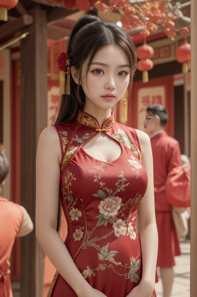 Arafed woman in a red dress standing in front of a tree, cheongsam, vestido chino, vistiendo un cheongsam rojo, Estilo chino, encaje rojo, traje chino, preciosa modelo china, Festival de fantasmas hambrientos, con ropa china antigua, mujer china, shaxi, Chinese girl, hermosa dama, chino tradicional, chino tradicional clothing, big breasts