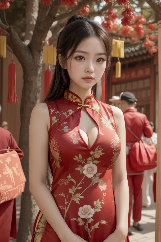 Arafed woman in a red dress standing in front of a tree, cheongsam, vestido chino, vistiendo un cheongsam rojo, Estilo chino, encaje rojo, traje chino, preciosa modelo china, Festival de fantasmas hambrientos, con ropa china antigua, mujer china, shaxi, Chinese girl, hermosa dama, chino tradicional, chino tradicional clothing, big breasts