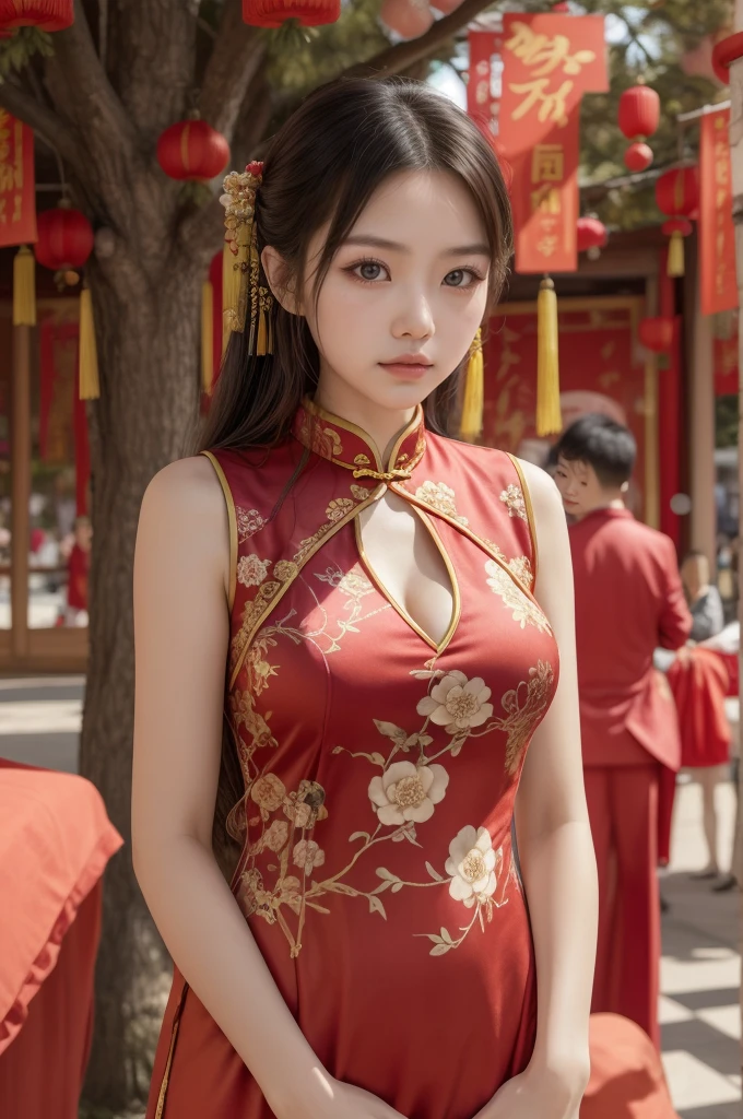 Arafed woman in a red dress standing in front of a tree, cheongsam, vestido chino, vistiendo un cheongsam rojo, Estilo chino, encaje rojo, traje chino, preciosa modelo china, Festival de fantasmas hambrientos, con ropa china antigua, mujer china, shaxi, Chinese girl, hermosa dama, chino tradicional, chino tradicional clothing, big breasts