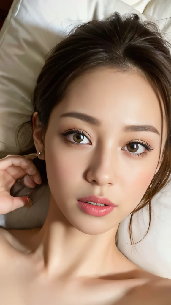 ((highest quality, 8k, masterpiece: 1.3)), One girl, The beauty of slim abs: 1.3, ( casual and cute hairstyle: 1.2), : 1.1, Stress face and anger, Detail Eye, double eyelid, With earrings, Bedroom, Concert Make-up, ((Small breasts naked, Cute Breasts)), (Lying in bed), (The portrait was taken from above her reclining body.)