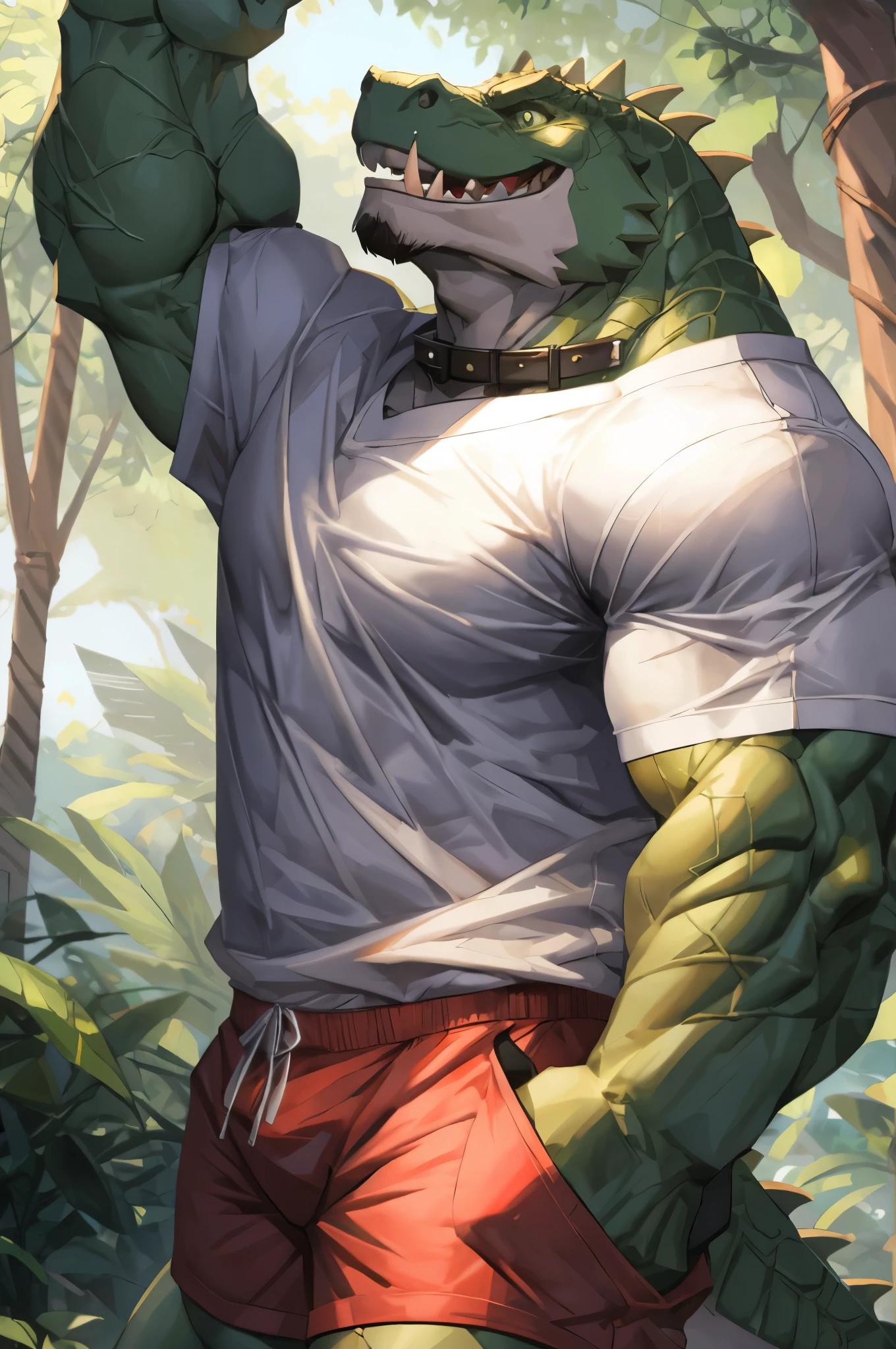 (best quality,4k,8k,highres,masterpiece:1.2),ultra-detailed,realistic:1.37,huge muscular furry crocodile wearing white shirt,white shorts,green crocodile skin,shirt with buttons,shirt with collar,shorts with pockets,ferocious expression,intense eyes,sharp teeth,long tail,scaly texture,lush green garden background,sturdy posture,strong arms,bulging muscles,bright colors,sharp focus,natural lighting,physically-based rendering,bokeh,portrait,creature,animal,artistic style