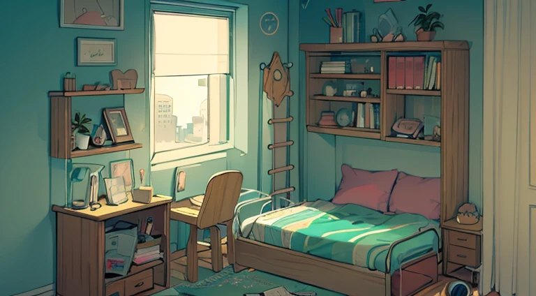 Picture of a bedroom with a bed, Desks and shelves, Full page illustrations, Full page illustrations, Line drawing illustration, 2d game line drawing behance hd, 2 d game line drawing behance hd, Personal room background, Messy room, line drawing behance hd, room interior, inside the child&#39;s room, 小さなroom interior, portfolio illustrations
