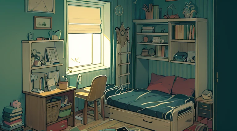 Picture of a bedroom with a bed, Desks and shelves, Full page illustrations, Full page illustrations, Line drawing illustration, 2d game line drawing behance hd, 2 d game line drawing behance hd, Personal room background, Messy room, line drawing behance hd, room interior, inside the child's room, 小さなroom interior, portfolio illustrations