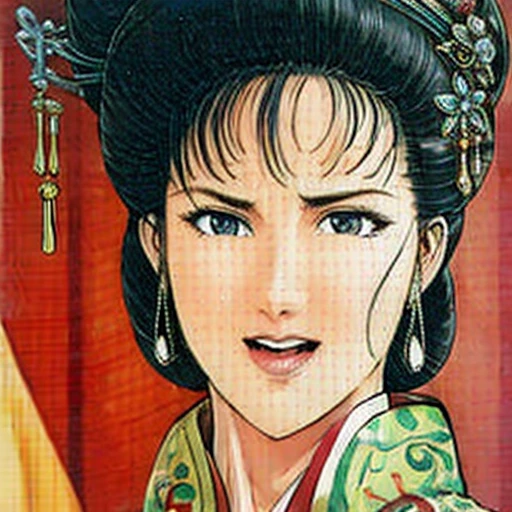NSFW,mature female,{full_nude},{full_body},big breast,big nipple,Pubic hair of the same color as the hair,red cheek, crying, open mouth,skinny,chinese traditional style bed,{best quality}, {very aesthetic}, {ultra-detailed}, {best illustration},gangbang