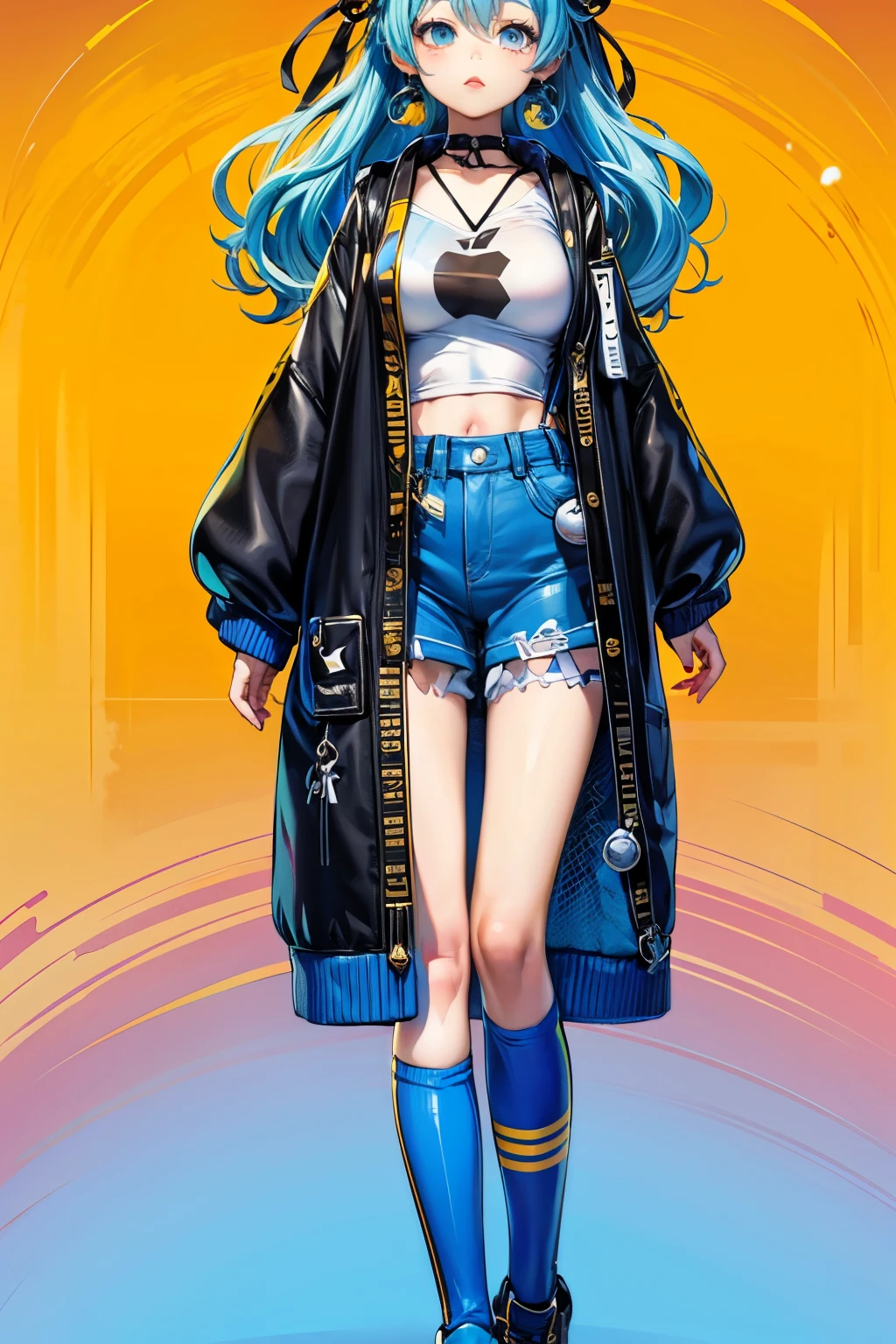 a woman in a yellow coat and blue shorts is walking, render of april, full body xianxia, lunar themed attire, in blue and yellow clothes, render of a cute 3d anime girl, single character full body, e - girl, e-girl, blue and yellow theme, kda, highly detailed full body, some yellow and blue, official character art, cartoon image of a woman wearing a short skirt and white shirt, sports figure, Cute sexy butts, high resolution комиссия, small curvy , hips!!, Expects, Short full-length portrait!, hips!!!!!!, with backlight, slim ass, stockings up to hips, red & black clothes, legs clamped in stockings with suspenders