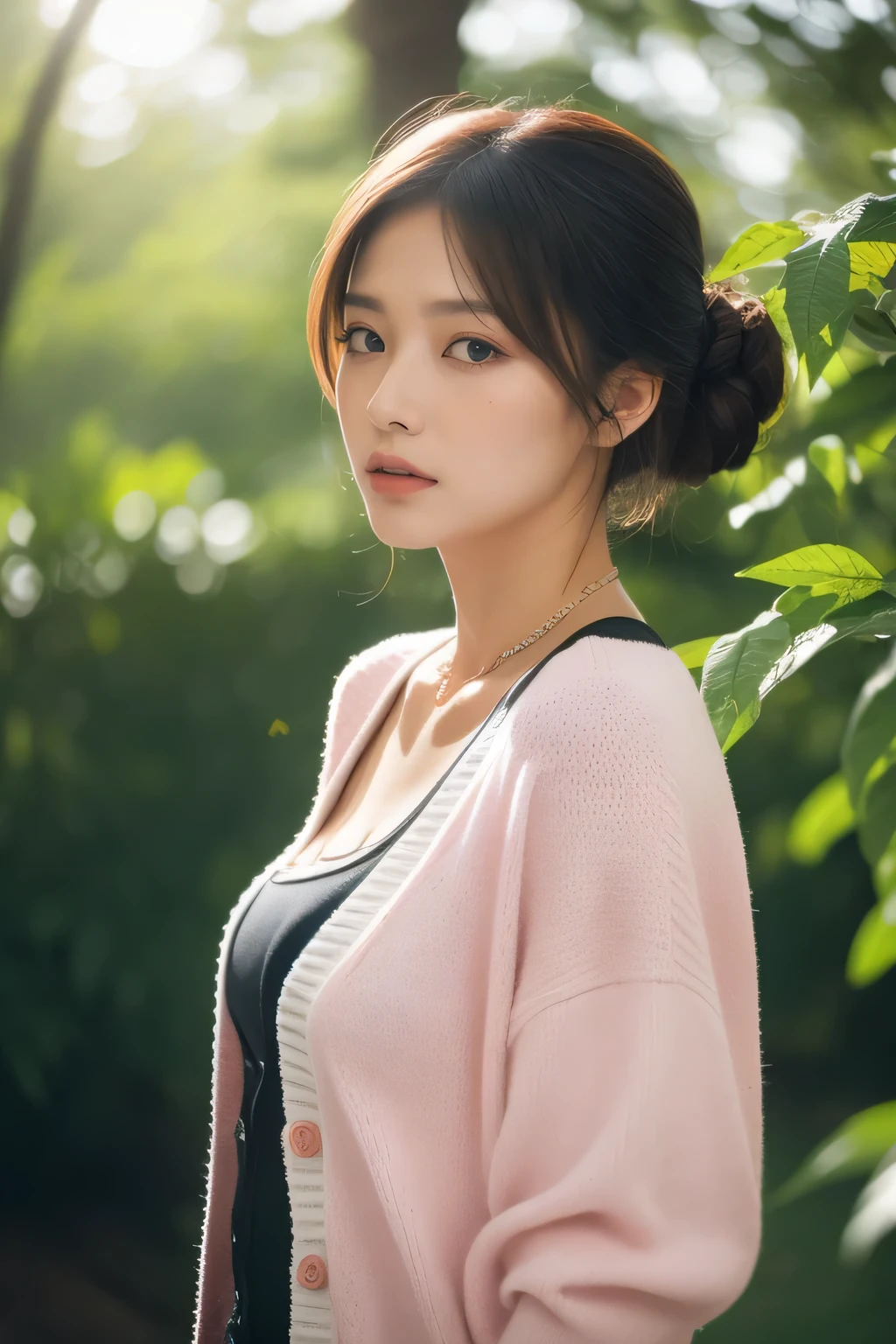 asian lady wear (((pink cardigan))), ((black underwear), necklace, small breast, rounded shape breast, ((she)), ((mid-shot, full body, slender waist)), Hair Up Do、 Glowing eyes, nose blush, Carl Larsson, Alfonse Mucha, Chiaroscuro, Film Glenn, reflective light, (((mid-Shot))), waist to top,longshot show full body, masterpiece, high details, sun light on her, leaf shading, ((lean forward)) ,