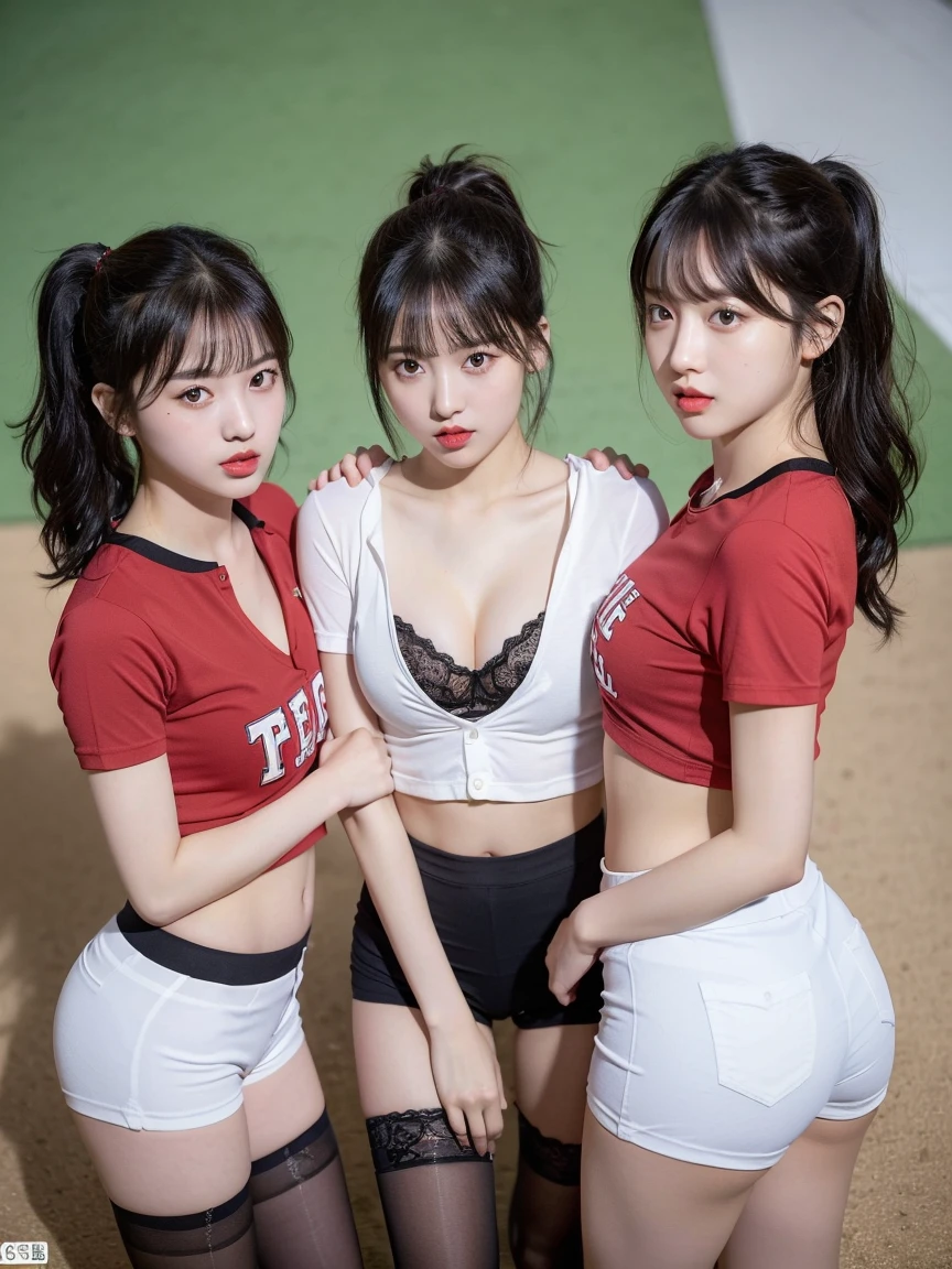 8K), (highest quality: 1.2), (Realistic), (Realistic: 1.37), Ultra-high resolution, (2 girls),(straight black hair), Giant Dulcefo,(White very small hot pants:1.2),baseball Ground, whole body,Long legs,Beautiful feet,(Super small ass),ponytail,Belly button,(Red baseball team shirt),(whole bodyが雨に濡れて:1.2),Black Stockings,Cute like a super idol,Close up on face from above,Cleavage