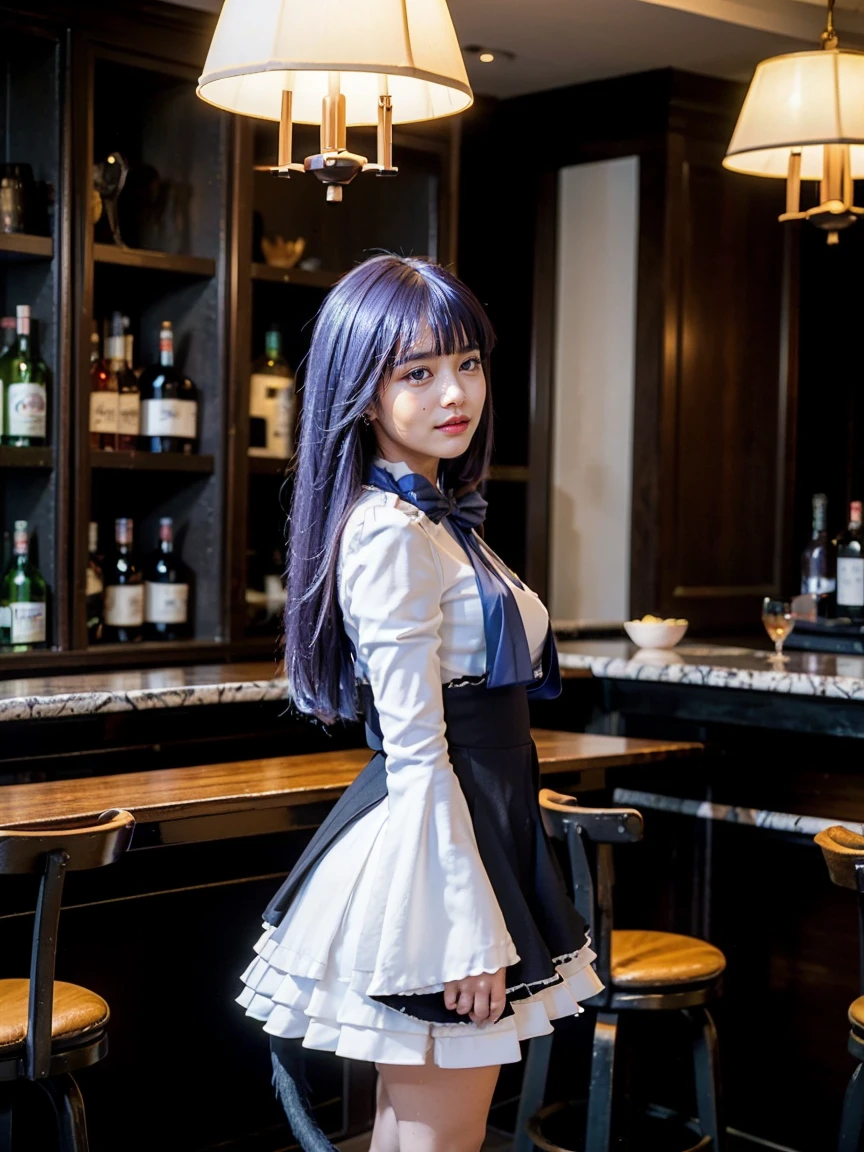 (1 lady), (Best quality at best:1.4), (ultra - detailed), (extremely detailed CG unified 16k), A Beautiful Woman with Perfect Figure: 1.4, Sharp Focus: 1.2, purple hair, very detailed, High-definition RAW color photo, professional photoshooting, amazing face and eyes, cosmetics, (amazingly beautiful girl), ((frederica bernkastel)), ((dress, bowtie, mary janes, socks, cat tail, tail bow, tail ornament)), standing, sexyposture,(Dark and stylish bar, drinks, lamp lights, lamp lights:1.3), (look from down), realistic cinematic face, head to feet long wide zoomed out view, full body long view, photorealistic, ((realistic natural purple hair style, purple eyes)), gorgeous, extremely beautiful face, perfect model beauty, pout mouth, Highly Detailed Face and Skin Texture, Detailed Eyes, Double Eyelids, Big Breasts, Smile, flirting smile, cleavages, western, (masterpiece), best quality, high resolution, extremely detailed, blurred background, depth of field, cinematic lighting, amazing legs, high heels, clear and well-cared skin,
