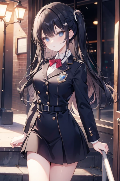 a woman, black hair, blue eyes, academy uniform, academy background