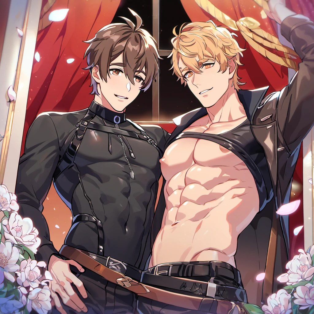 absurdres, highres, ultra detailed, HDR, master piece, best quality, Quincy, blond messy short hair, expressive orange eyes, Nu Carnival, Eiden, brown hair, expressive brown eyes, 2men together, sexy gay couple, handsome, small tight black leather shirt, black leather coat, belt around his chest, showing the abdomen, window, red curtains, petals, flowers